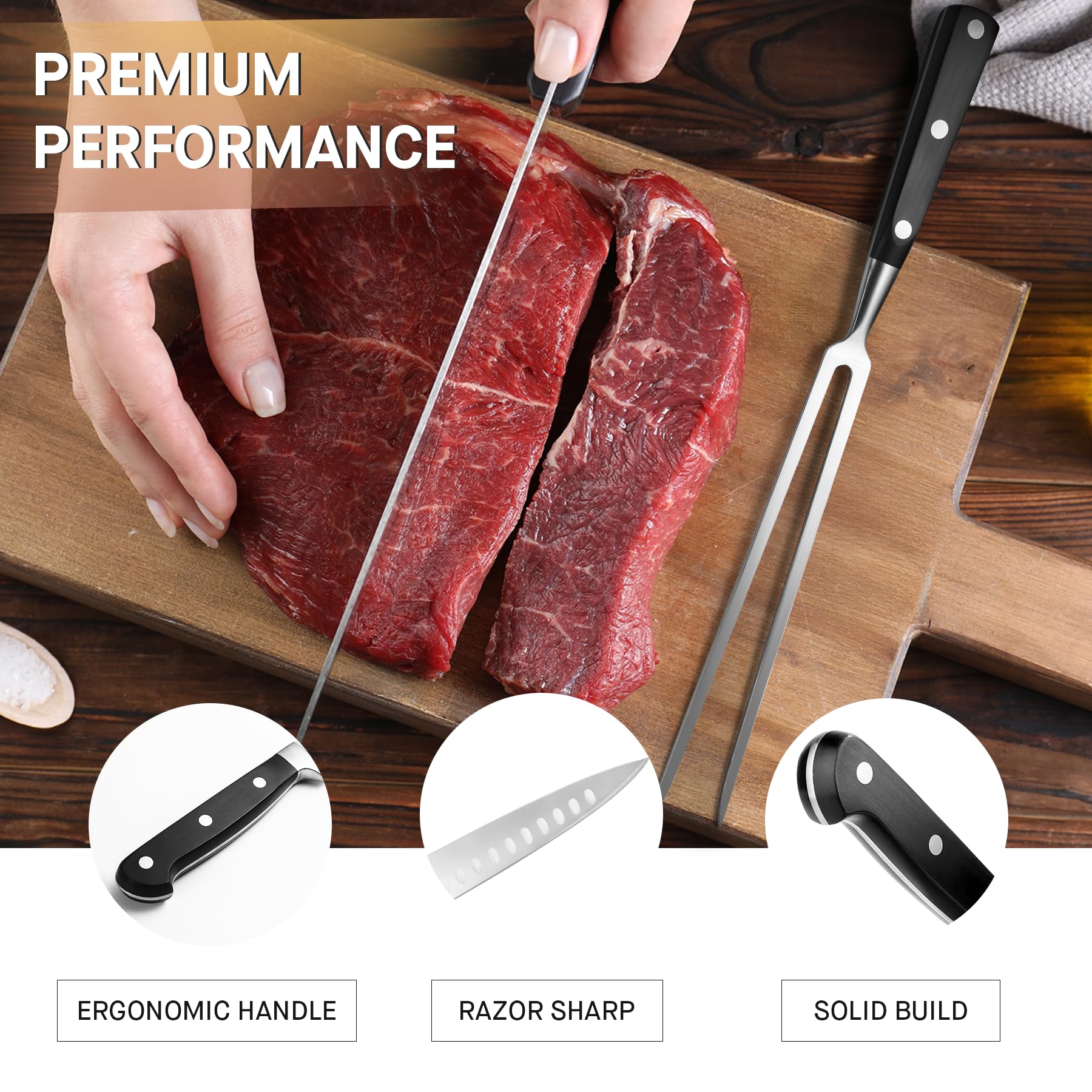 VONDIOR knife and fork on cutting board showcasing ready-to-use serving setup