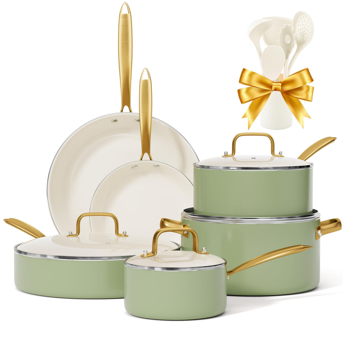VONIKI front view of the full 16-piece set, showing included pans and lids for convenience
