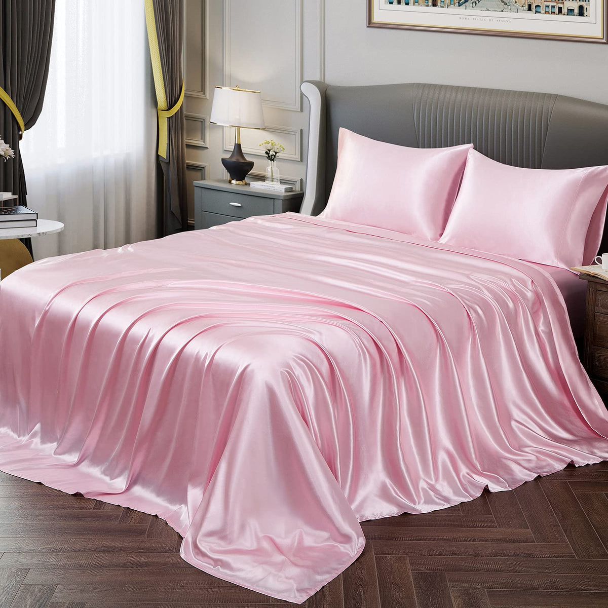 Vonty front packaging of queen pink set showing elegant sheen and complete contents