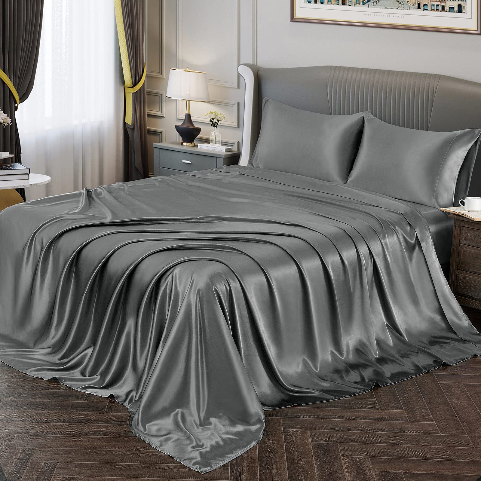 Vonty queen grey sheet set front view shows polished satin and neat fit