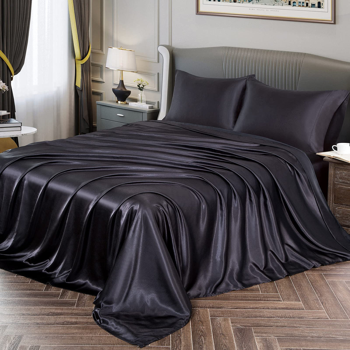 Vonty front packaging of queen satin sheet set showing contents and finish benefit