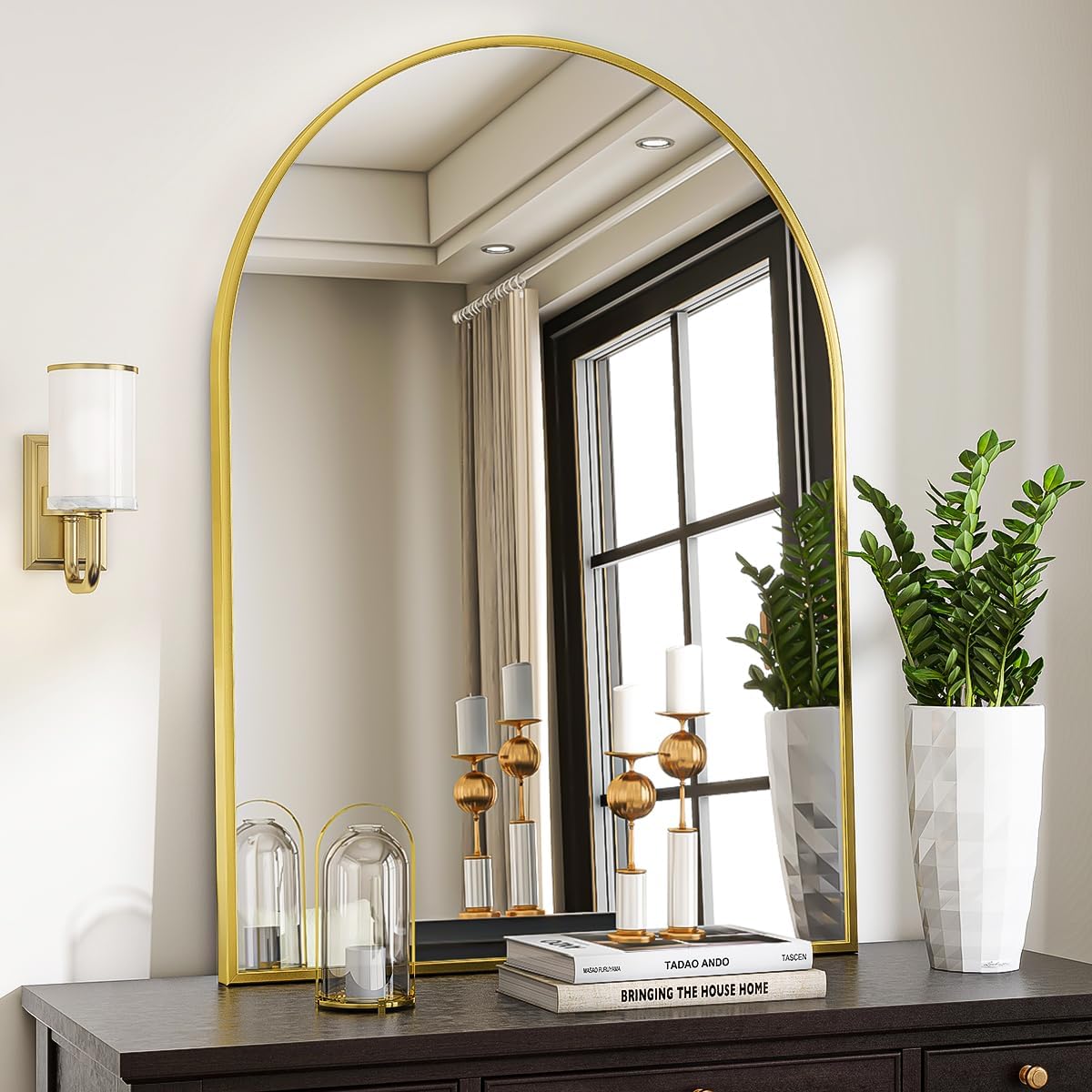 VooBang front view of arched mirror showcasing elegant gold frame and reflection benefits