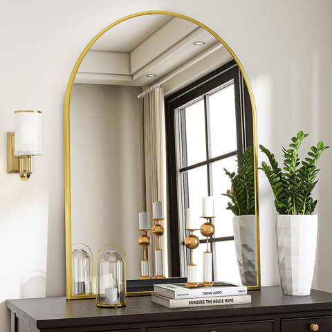 VooBang front view of arched mirror showcasing elegant gold frame and reflection benefits