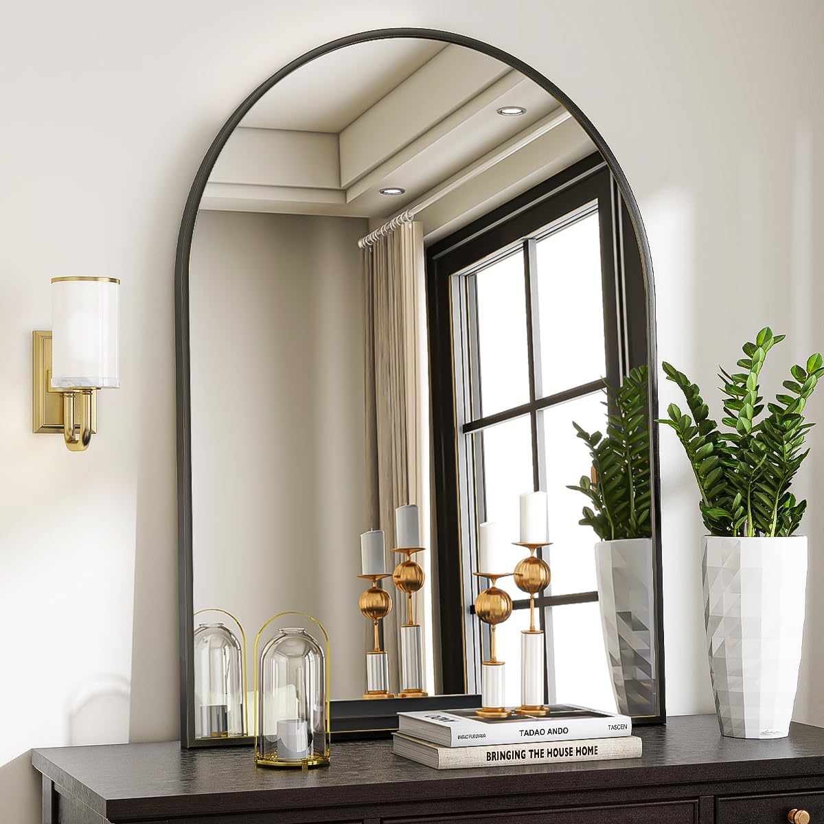VooBang arched mirror front view shows elegant black frame and clear reflection