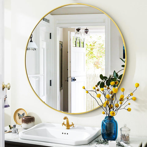 VooBang gold round mirror front view shows elegant accent and clear reflection
