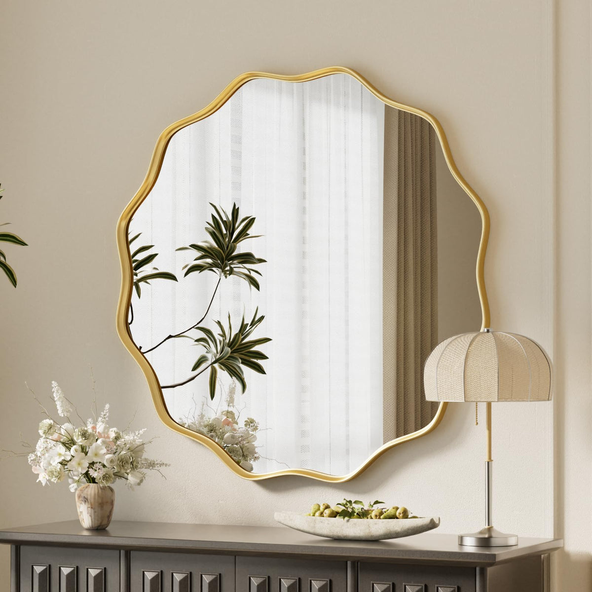 VooBang front view gold scalloped mirror showcasing elegant focal point