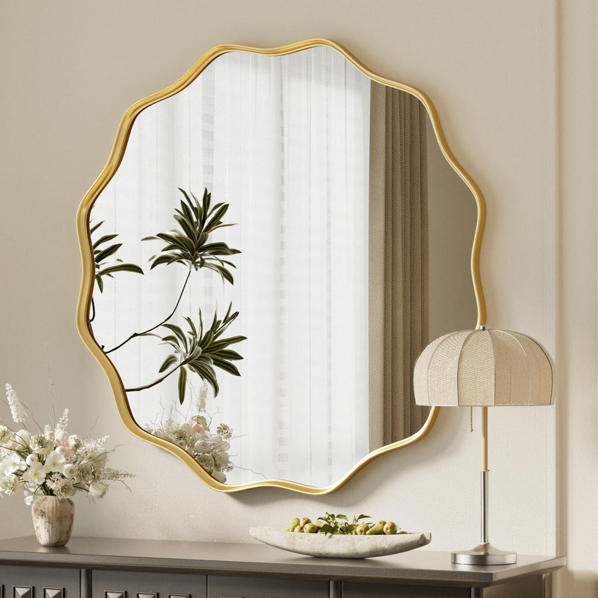 VooBang gold scalloped mirror front view showing elegant focal point