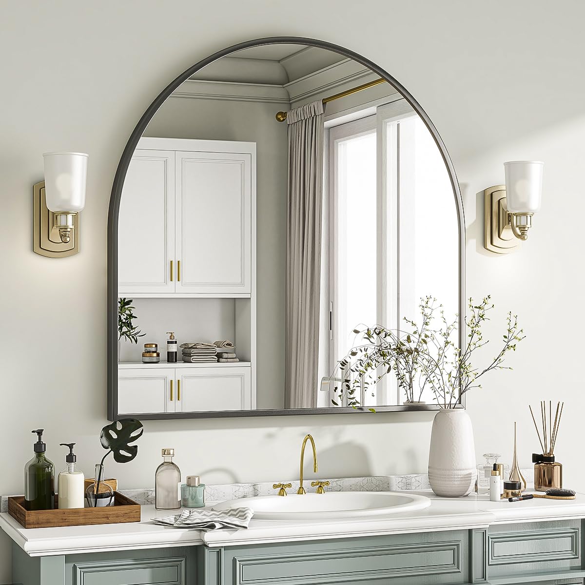 VooBang mirror mounted above bathroom vanity increasing light and perceived space in room
