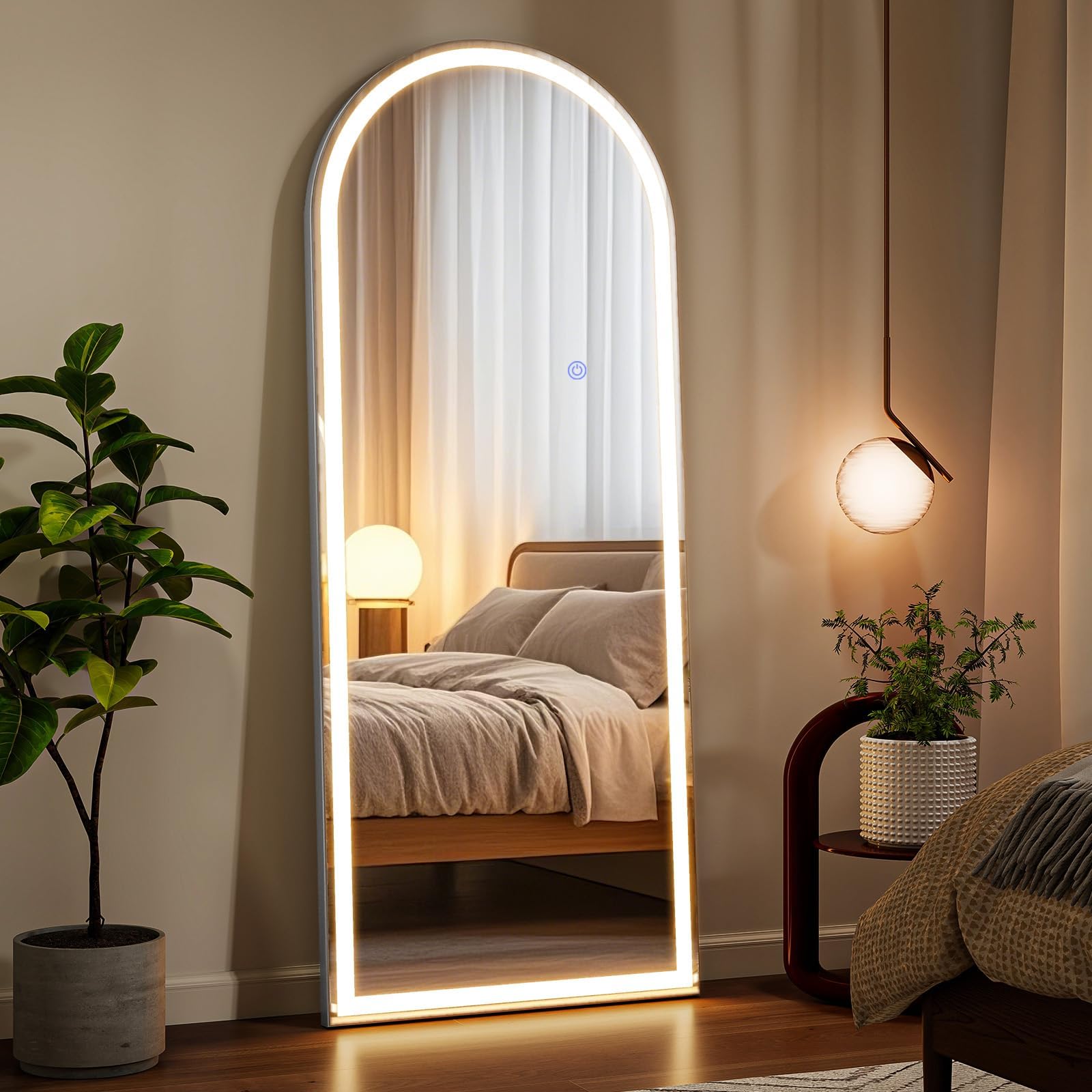 VooBang mirror front view showing arched frame and even LED lighting benefit