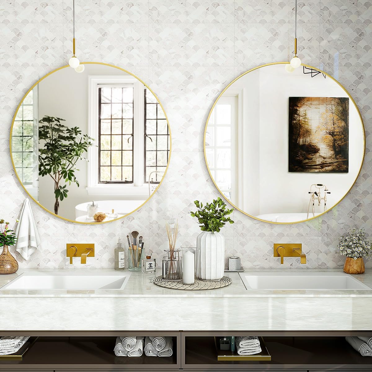 VooBang round mirror leaned on fireplace mantel for non-drill display