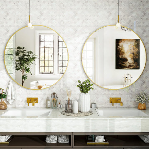 VooBang round mirror leaned on fireplace mantel for non-drill display