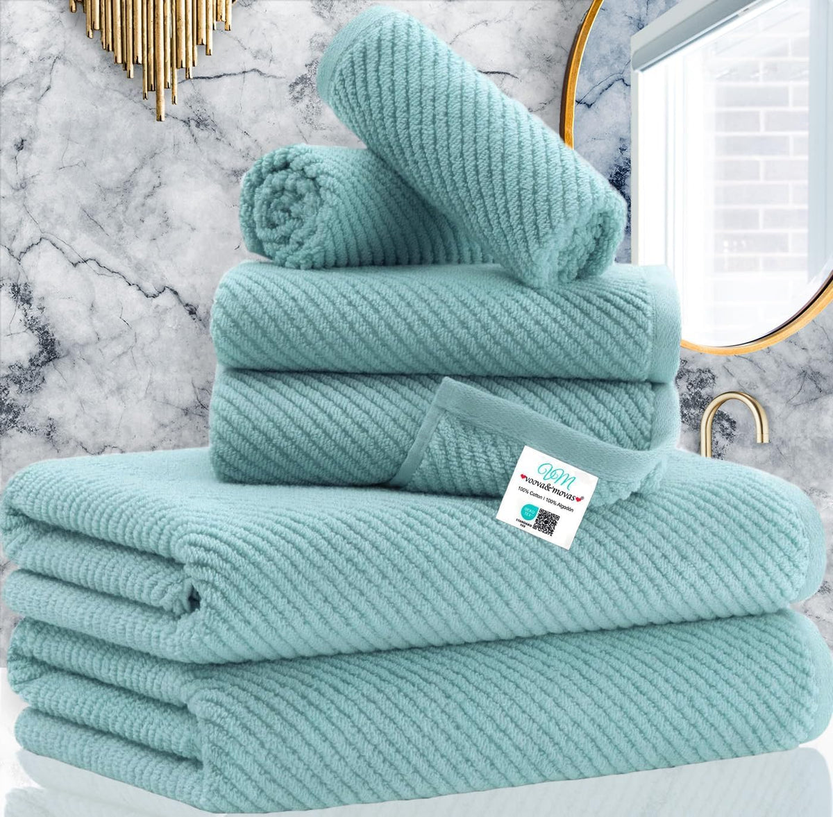 VOOVA & MOVAS folded towel set front view showing aqua teal and neat stack, ideal for decor