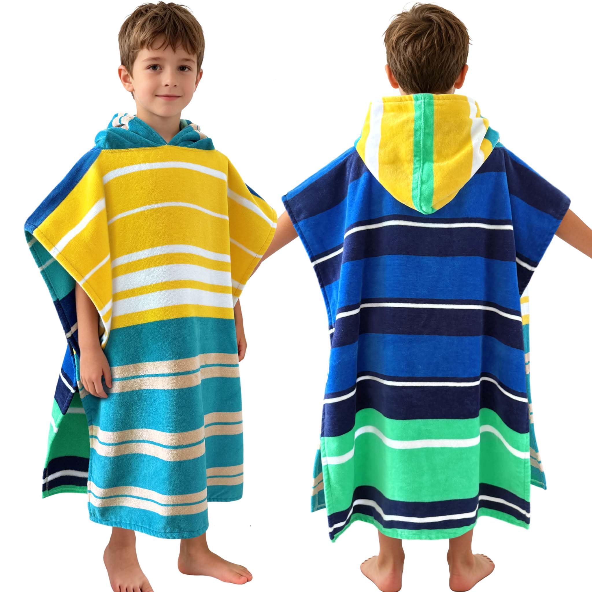 VOOVA & MOVAS front view blue stripe poncho showing full coverage and playful design