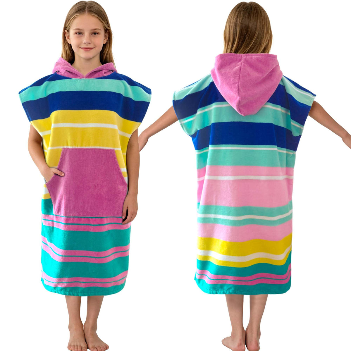 VOOVA & MOVAS front view of striped hooded towel showing full coverage and style benefit