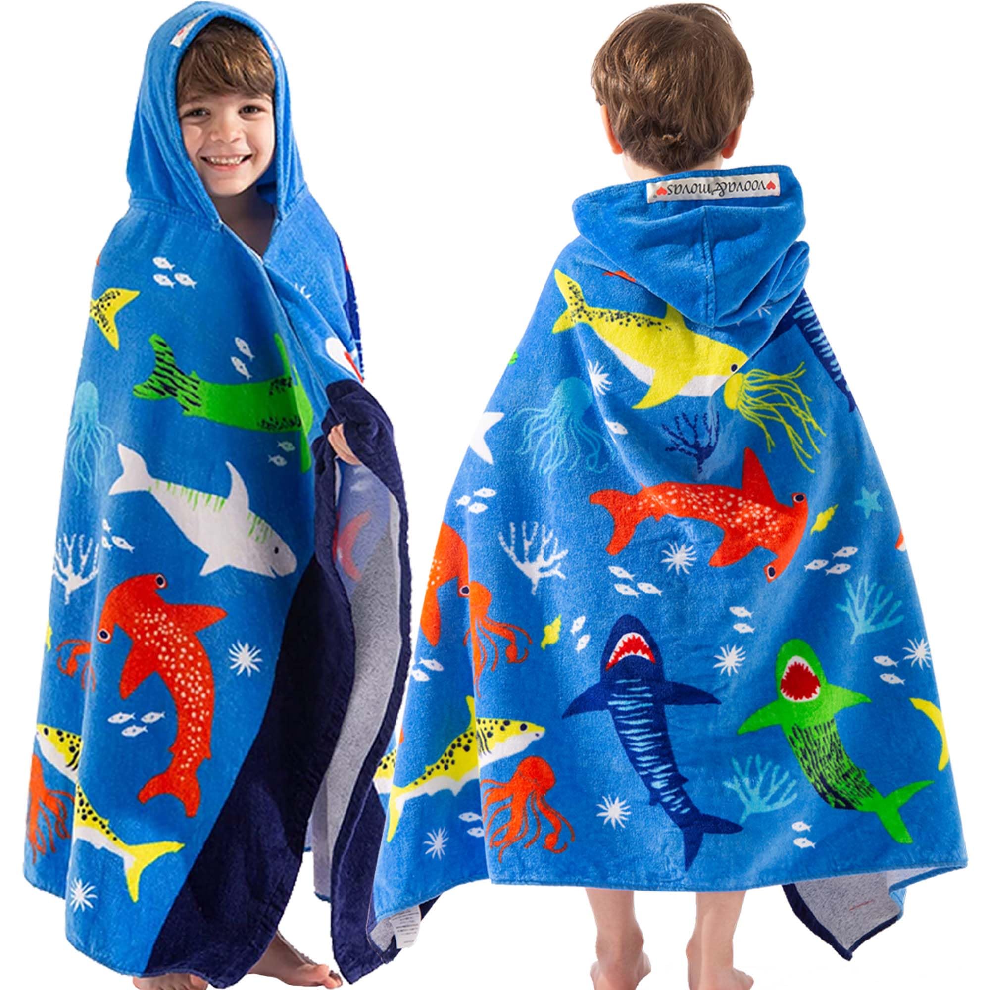 VOOVA & MOVAS front view of shark towel showing full coverage and fun design