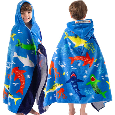 VOOVA & MOVAS front view of shark towel showing full coverage and fun design
