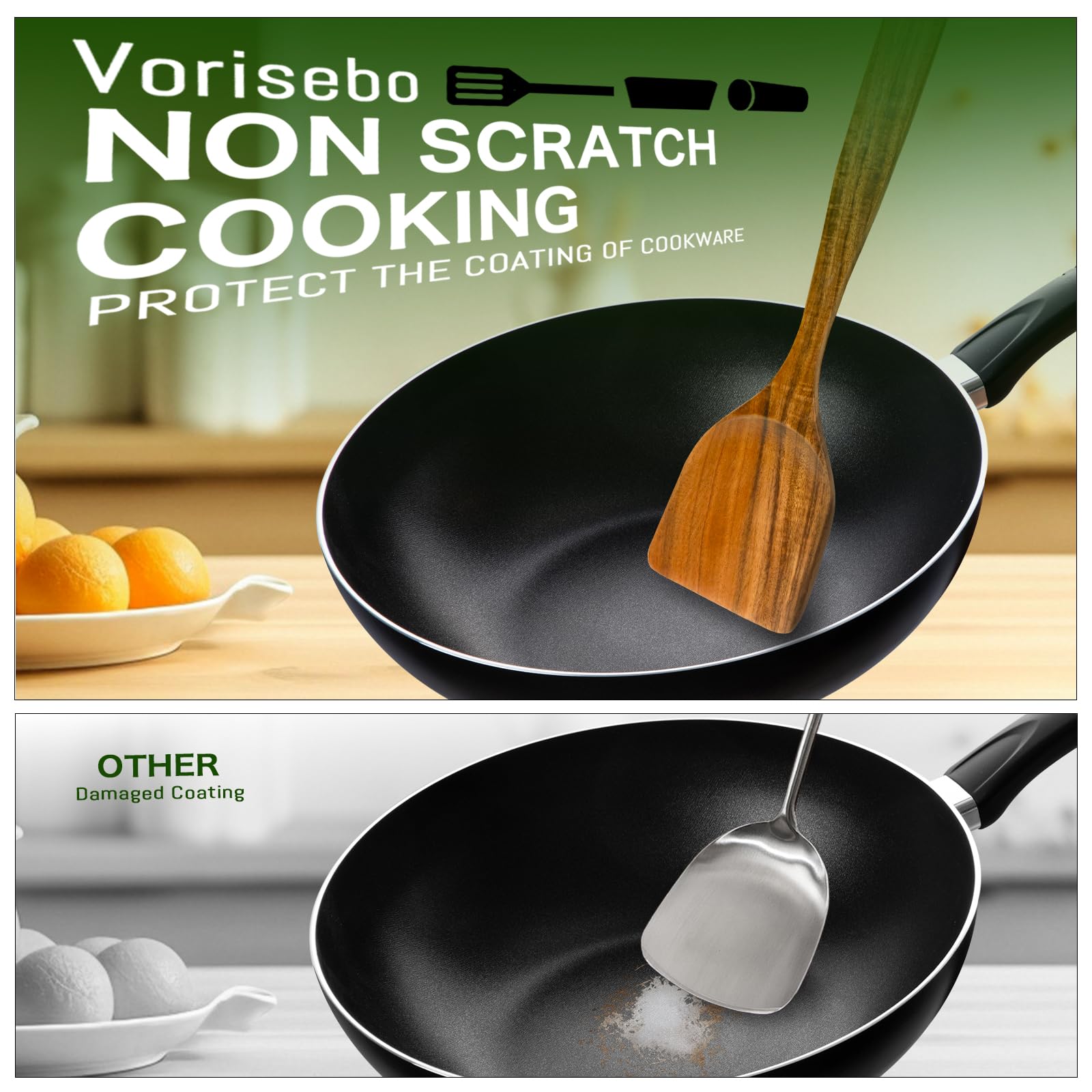 Vorisebo spatula in skillet protecting nonstick pan and resisting heat