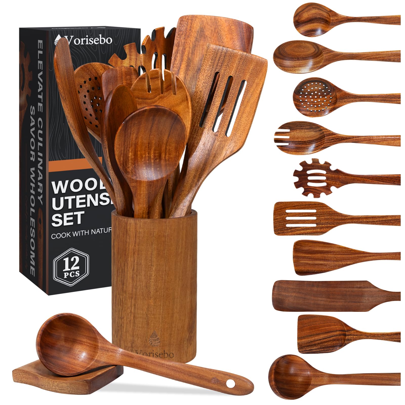 Vorisebo front set display showing complete 12-piece teak collection and warm finish