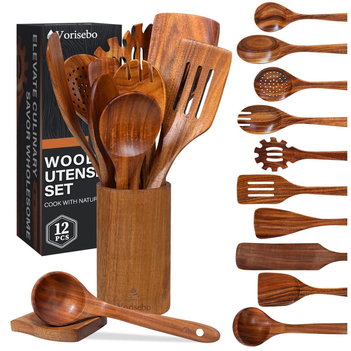 Vorisebo front set display showing complete 12-piece teak collection and warm finish
