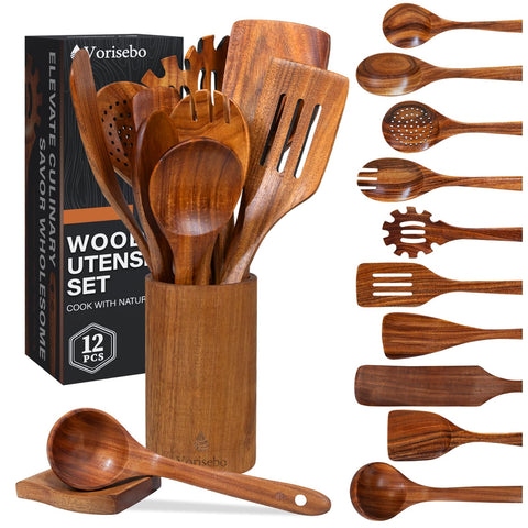 Vorisebo front set display showing complete 12-piece teak collection and warm finish