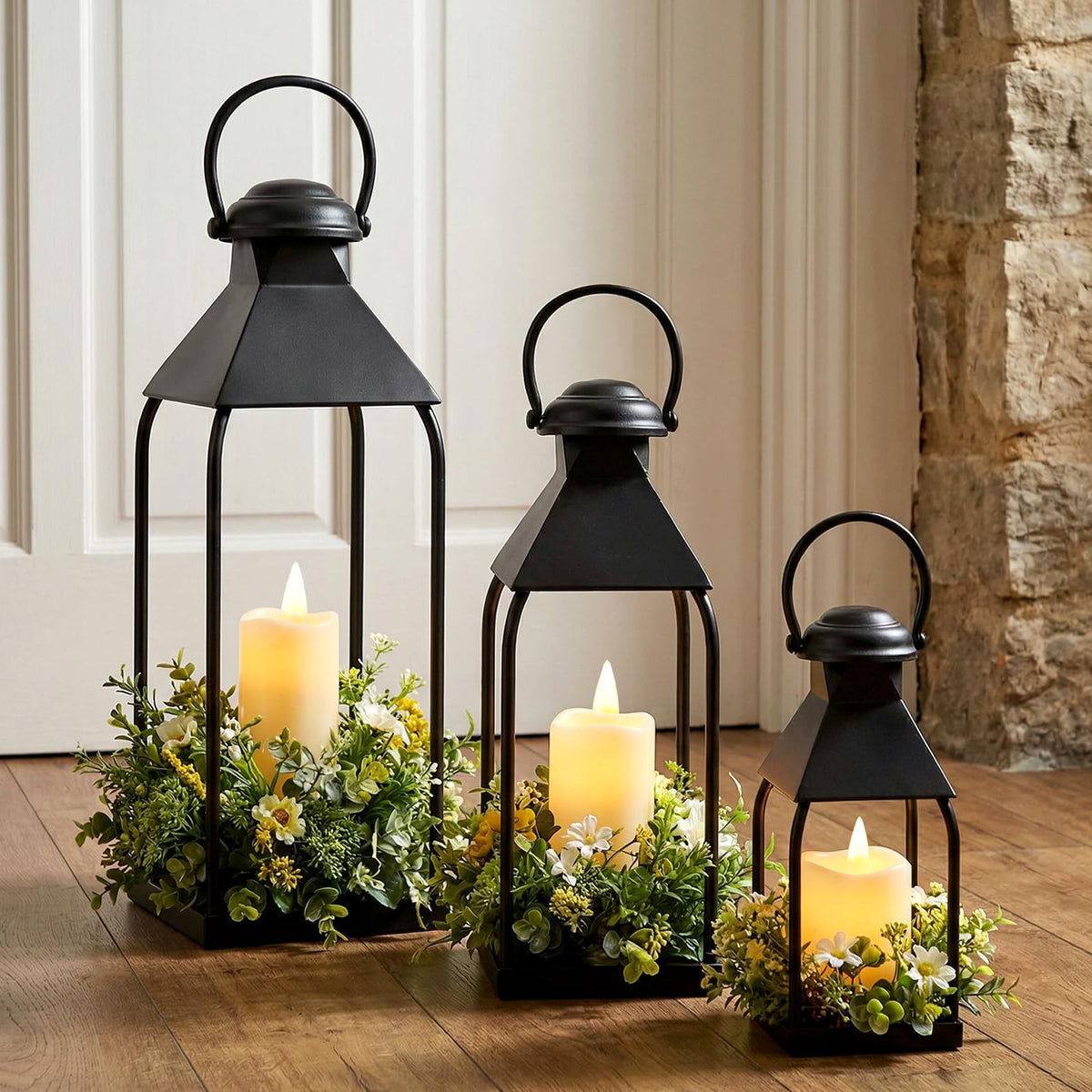 Vorplick front view trio of lanterns showing coordinated sizes and styling benefit