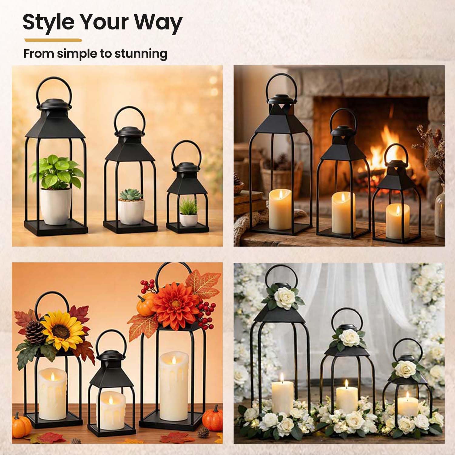 Vorplick lanterns on a covered porch illustrating weather-protected outdoor styling