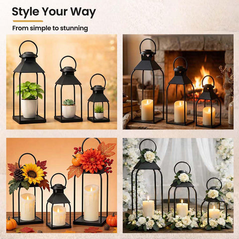 Vorplick lanterns on a covered porch illustrating weather-protected outdoor styling