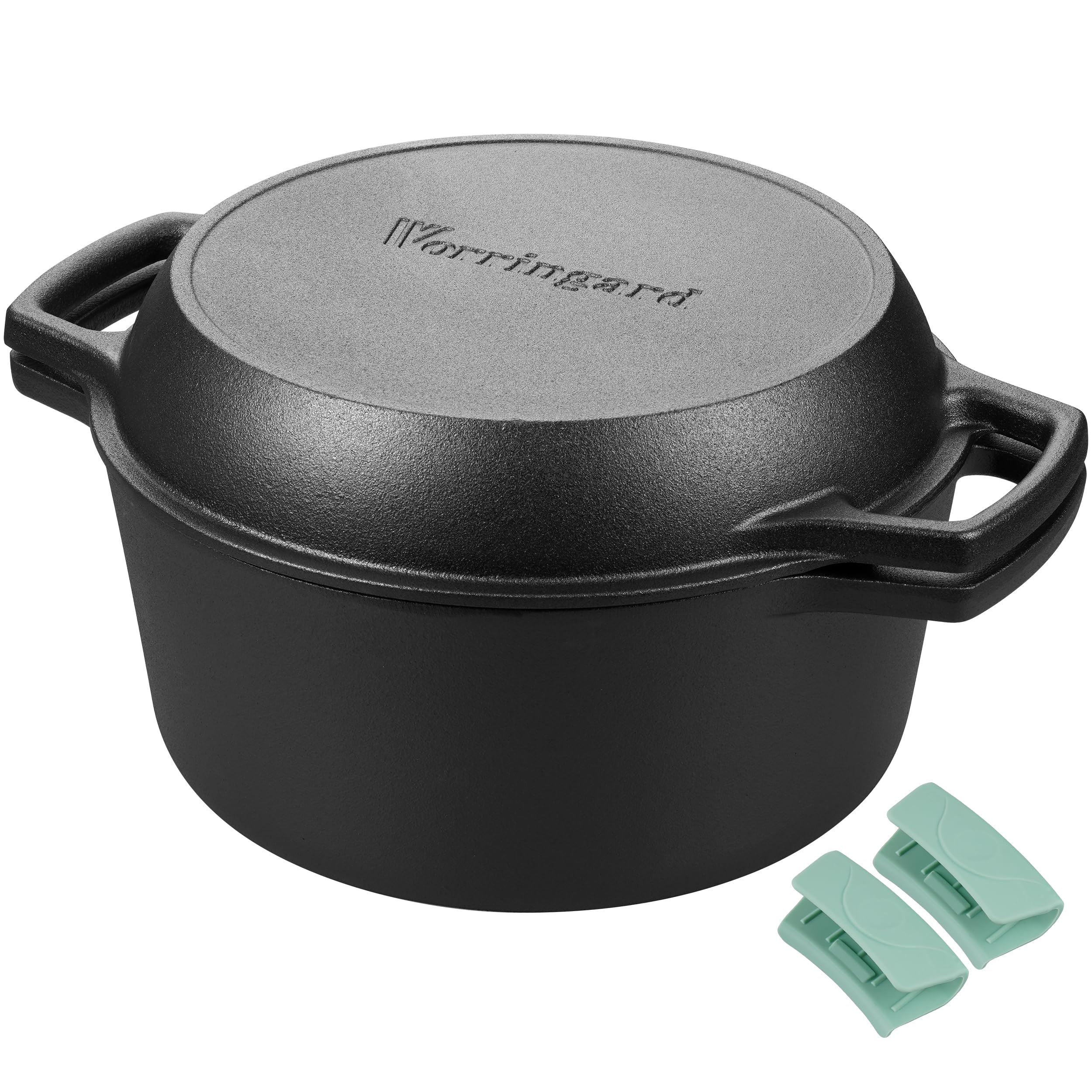 VORRINGARD front view of double Dutch oven showing dual handles and lid, durable cooking