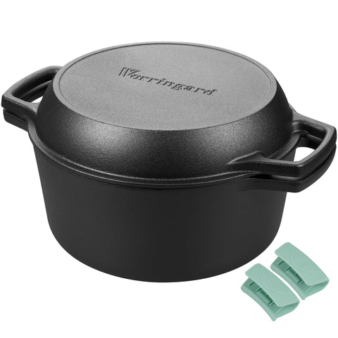 VORRINGARD front view of double Dutch oven showing dual handles and lid, durable cooking