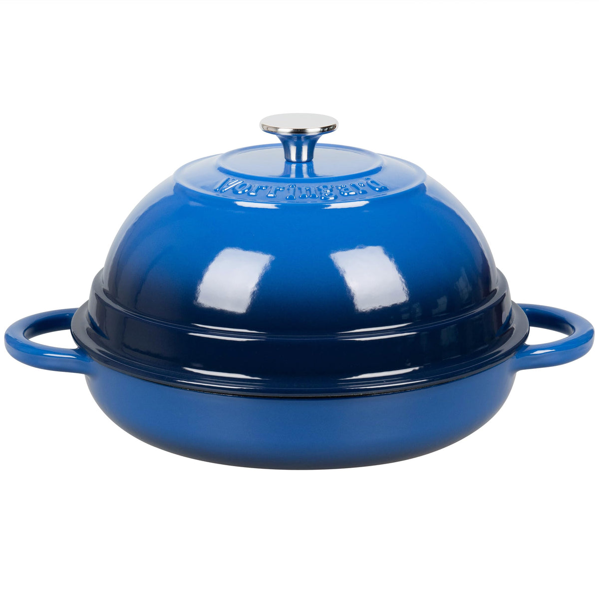 VORRINGARD front view of blue Dutch oven showing shape and handles for easy lifting