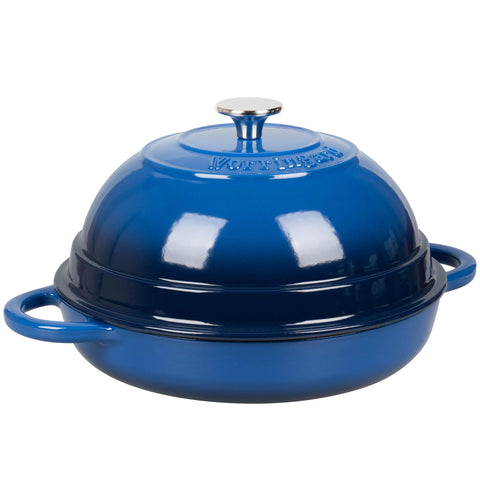 VORRINGARD blue Dutch oven staged on table ready for serving roasted chicken or bread