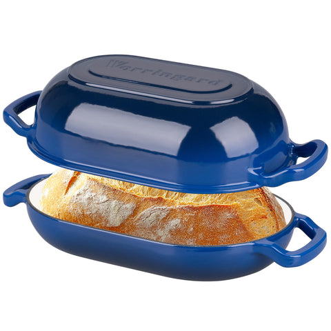 VORRINGARD front view showing blue enameled loaf pan and lid, durable serving option