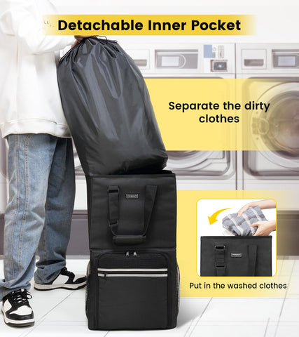 Vorspack side mesh pocket holding detergent for quick-access convenience