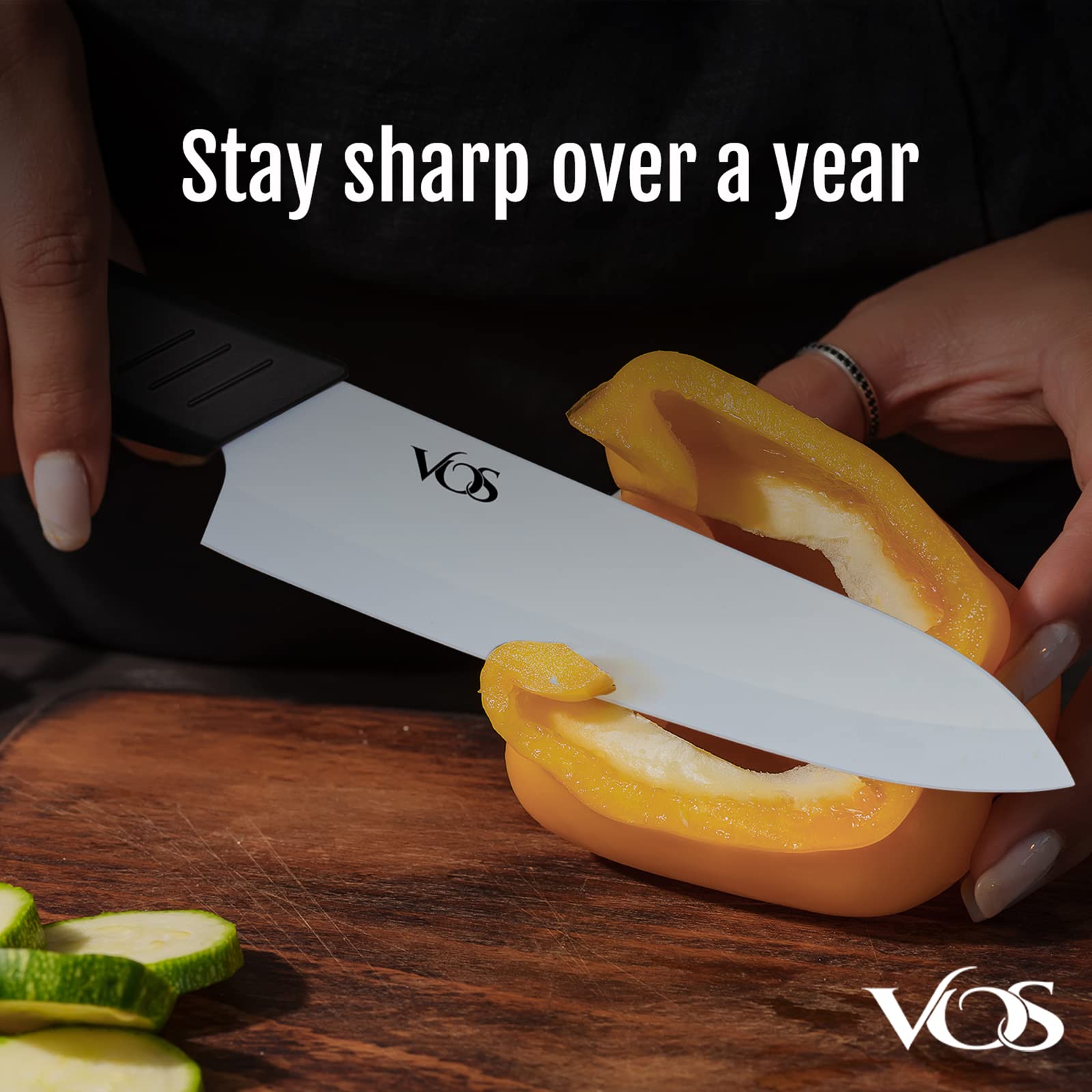 Vos santoku blade close-up highlighting ultra-sharp edge for thin cuts