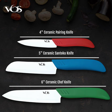 Vos santoku blade close-up showing fine ceramic texture for precise cuts