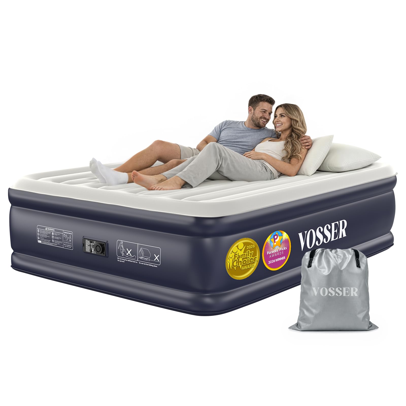 VOSSER queen front view showing full raised bed and neat sheets for instant comfort