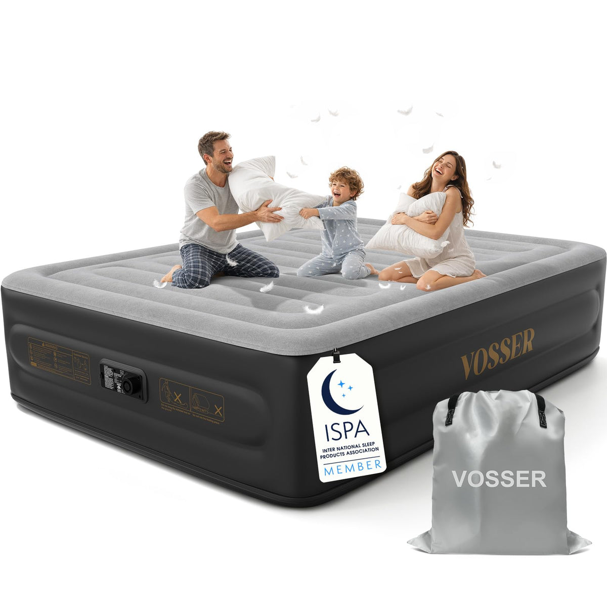 VOSSER queen front view showing raised height and clean profile for comfortable access