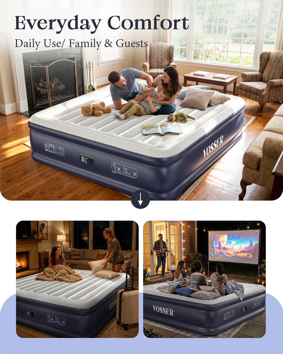 VOSSER mattress next to nightstand scale comparison showing king dimensions and room fit