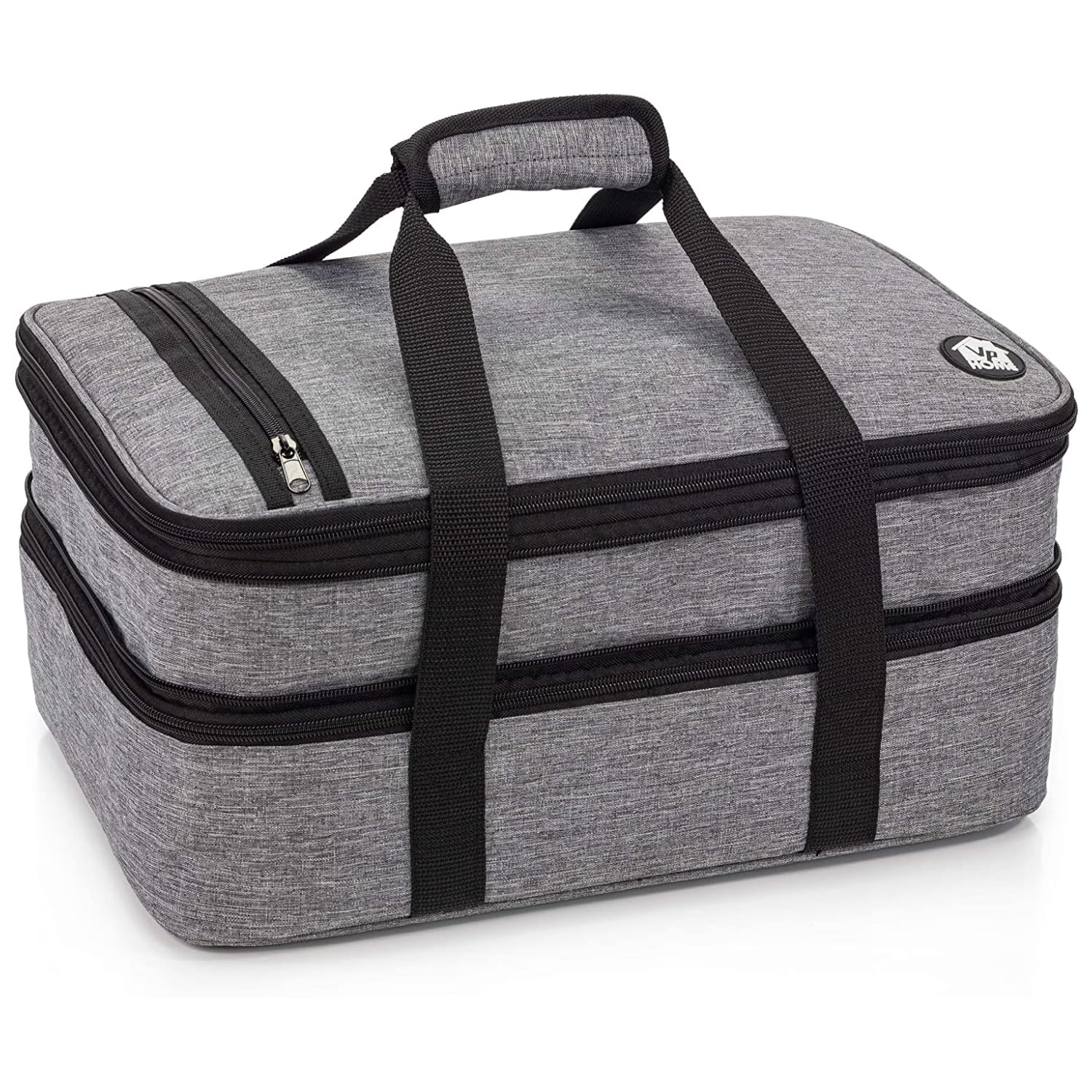 VP Home front view heather gray carrier showing tote and handles for secure transport