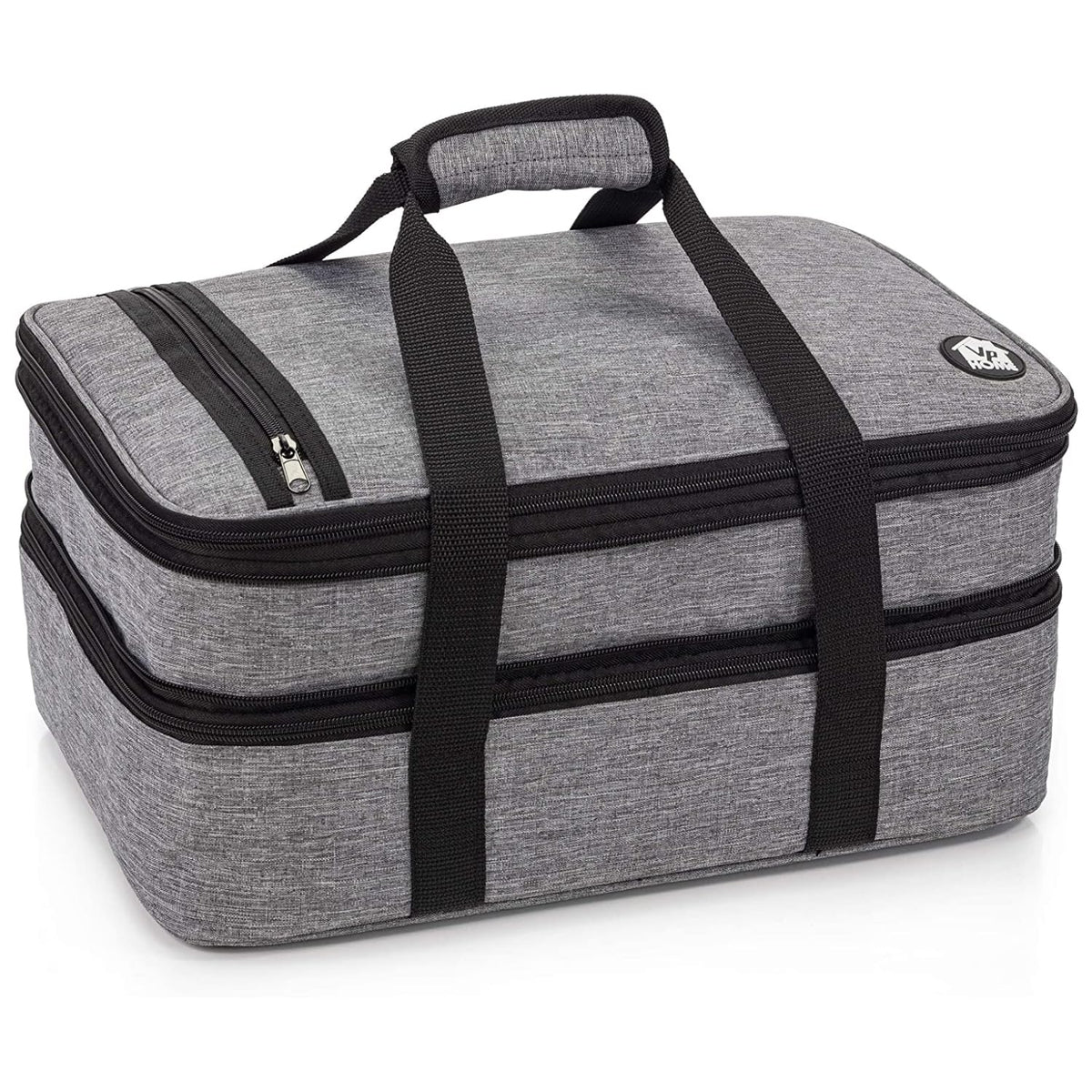 VP Home front view heather gray carrier showing tote and handles for secure transport