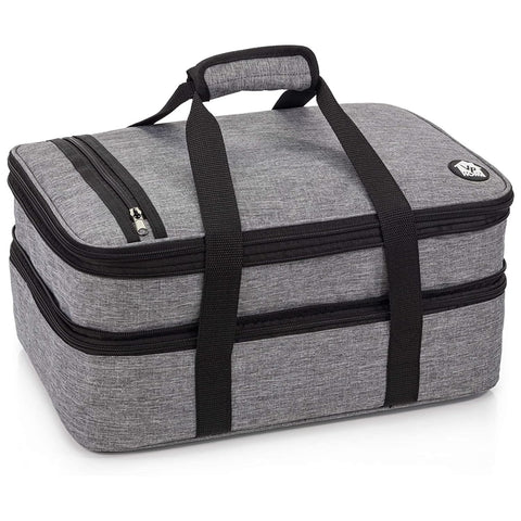 VP Home front view heather gray carrier showing tote and handles for secure transport