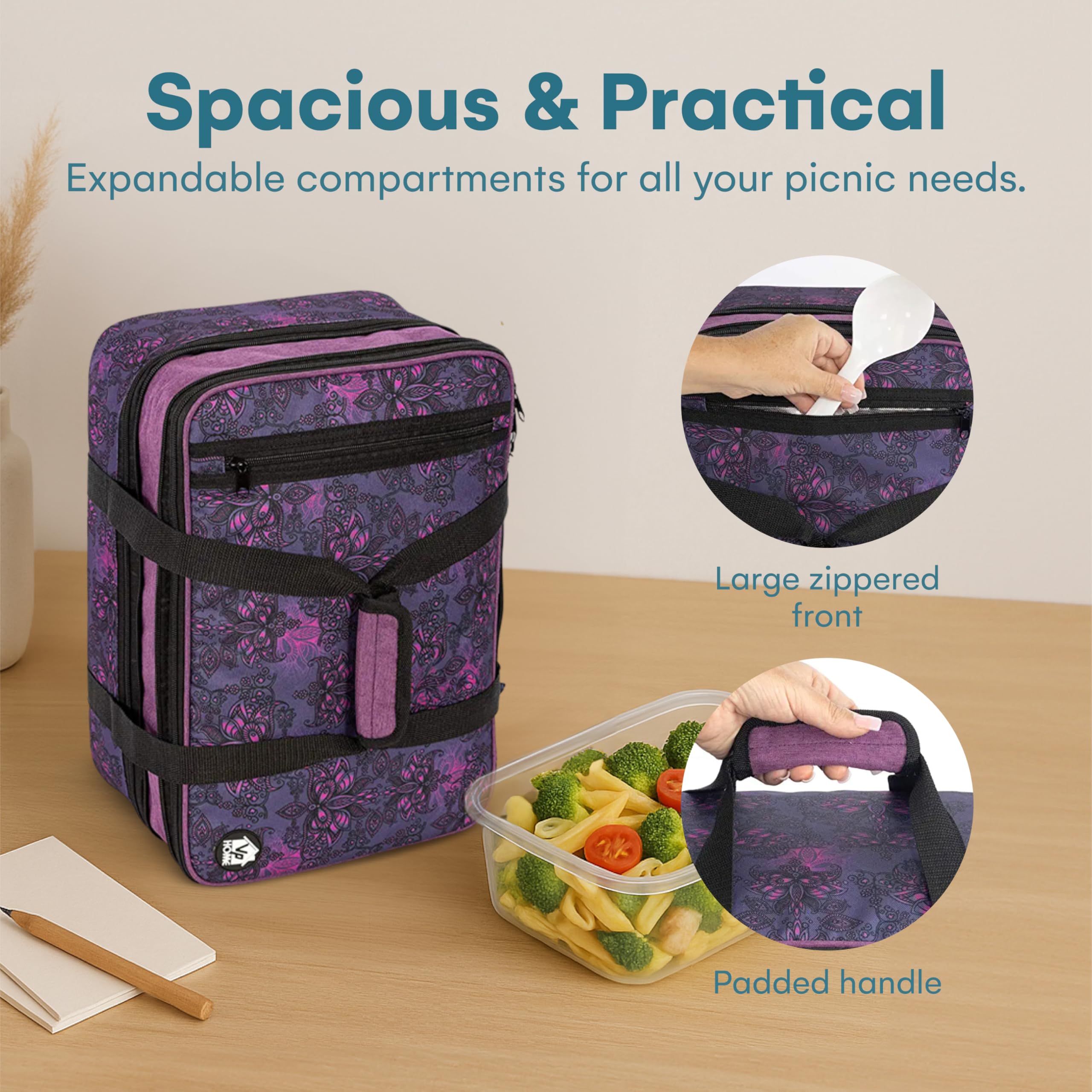 VP Home henna exterior zip pocket with utensils showing quick-access storage benefit