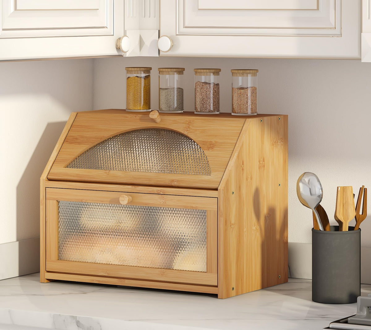 Vriccc bread box front view showing neat counter storage and organized baked goods