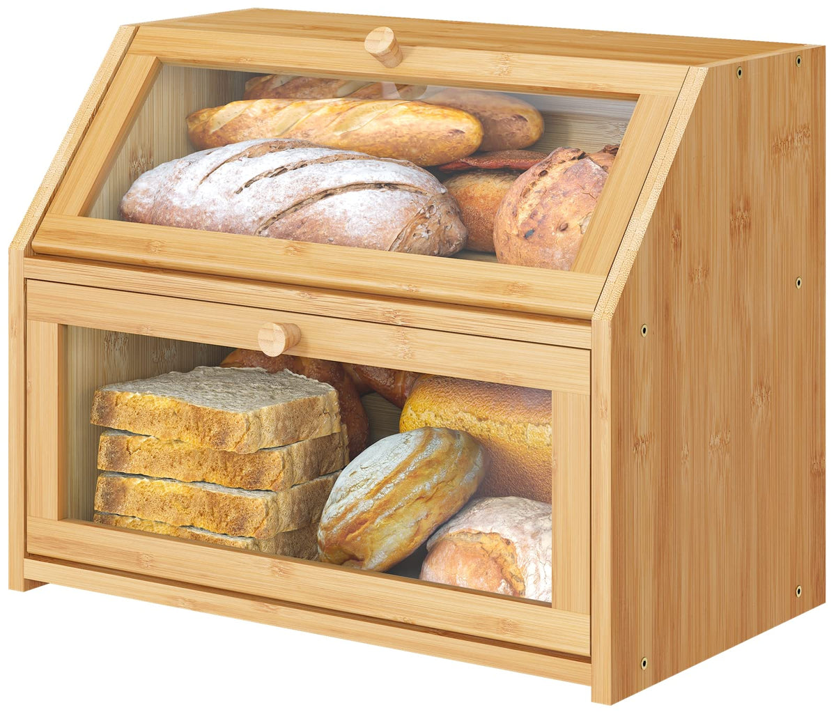 Vriccc bamboo bread box front view showing neat storage and easy access