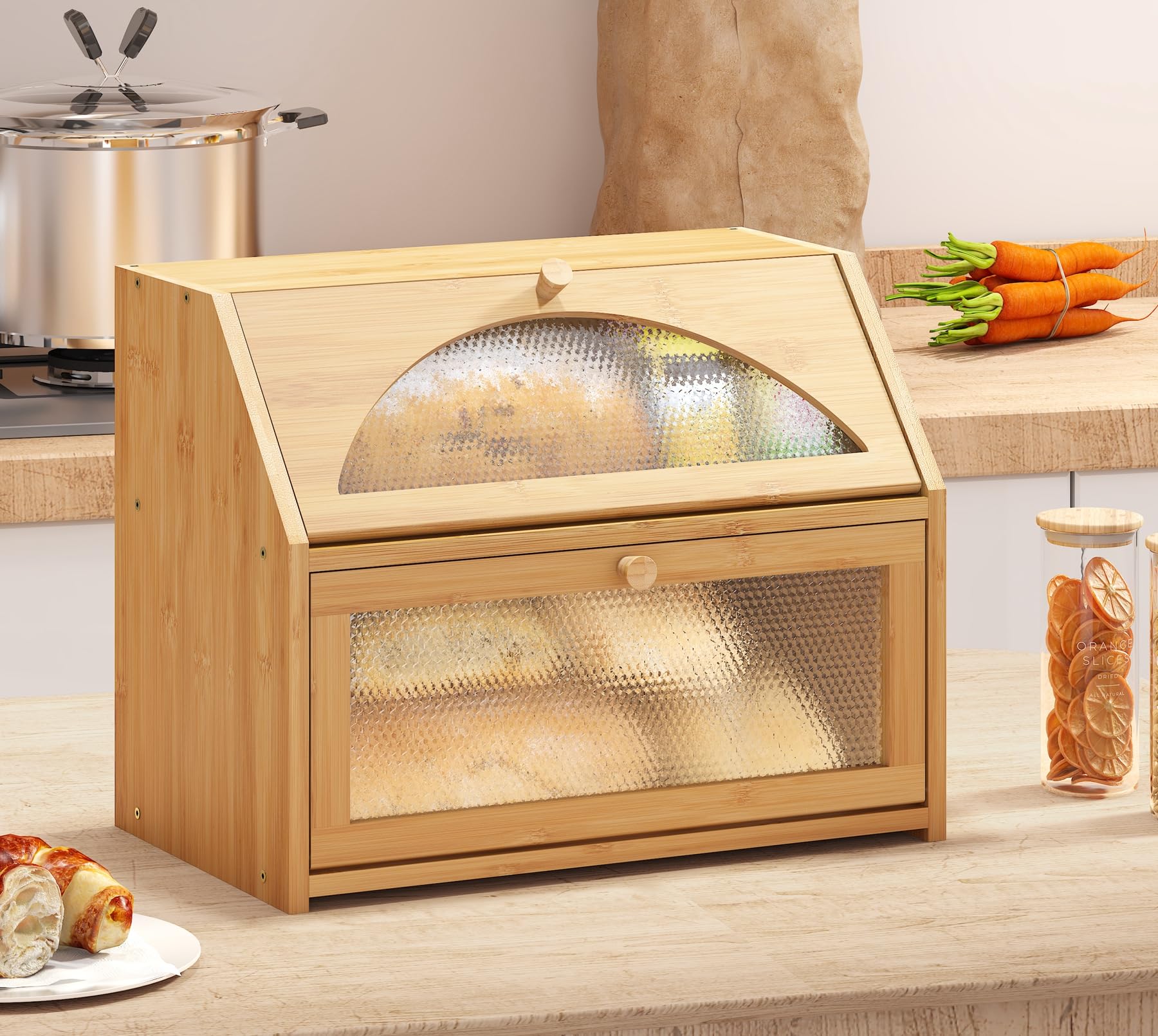 Vriccc bread box on kitchen counter in lifestyle scene adding warm natural style