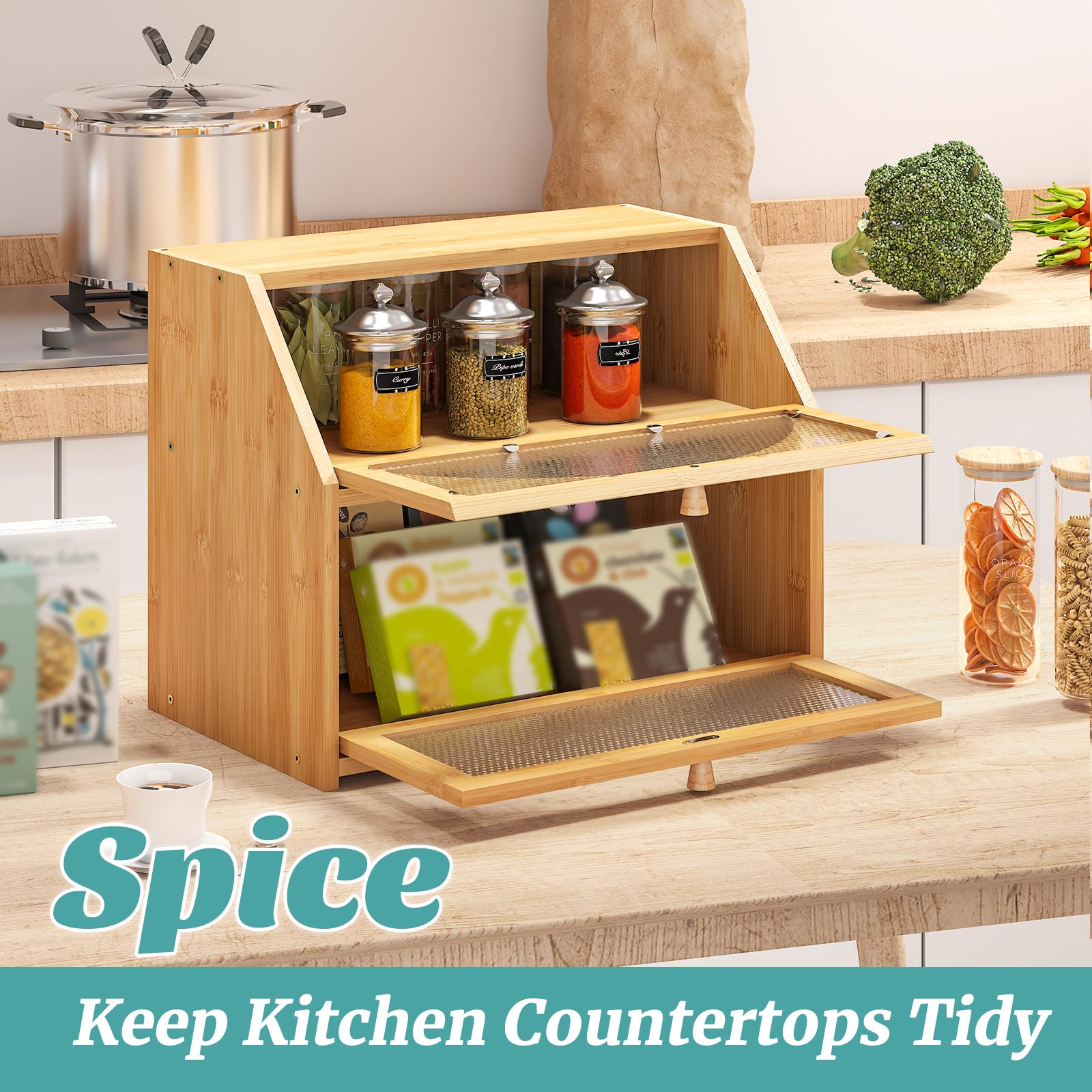 Vriccc bread box open door displaying contents and easy access to baked goods