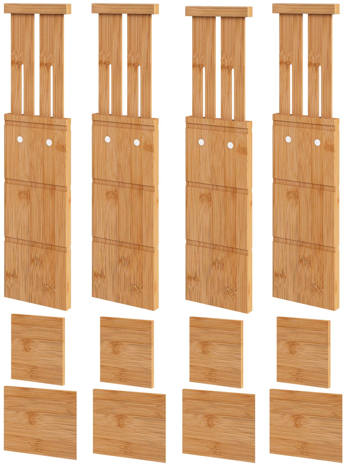 Vriccc front view of bamboo dividers set showing four dividers and eight inserts, tidy storage benefit