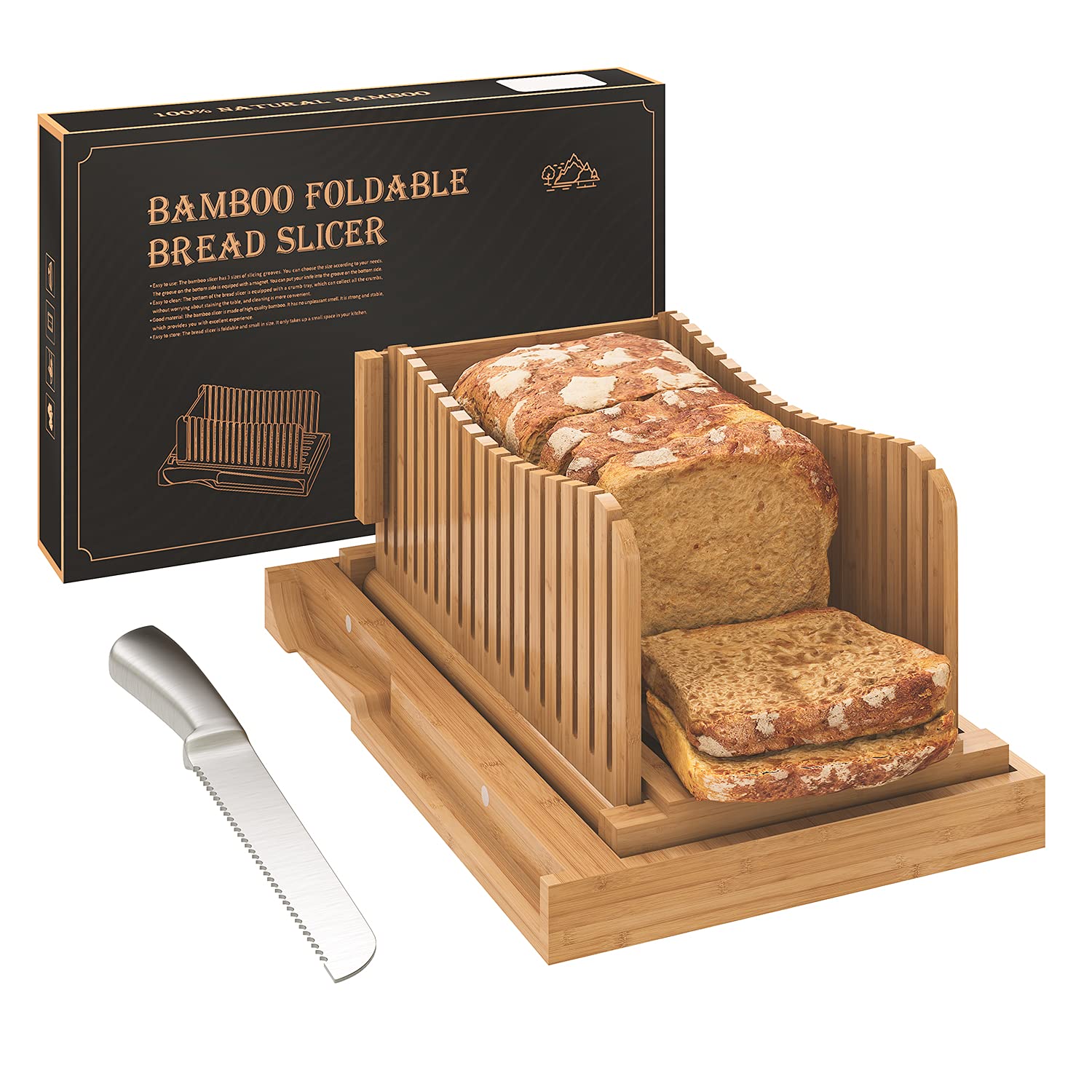 Vriccc front view of bamboo bread slicer showing compact design and stable base