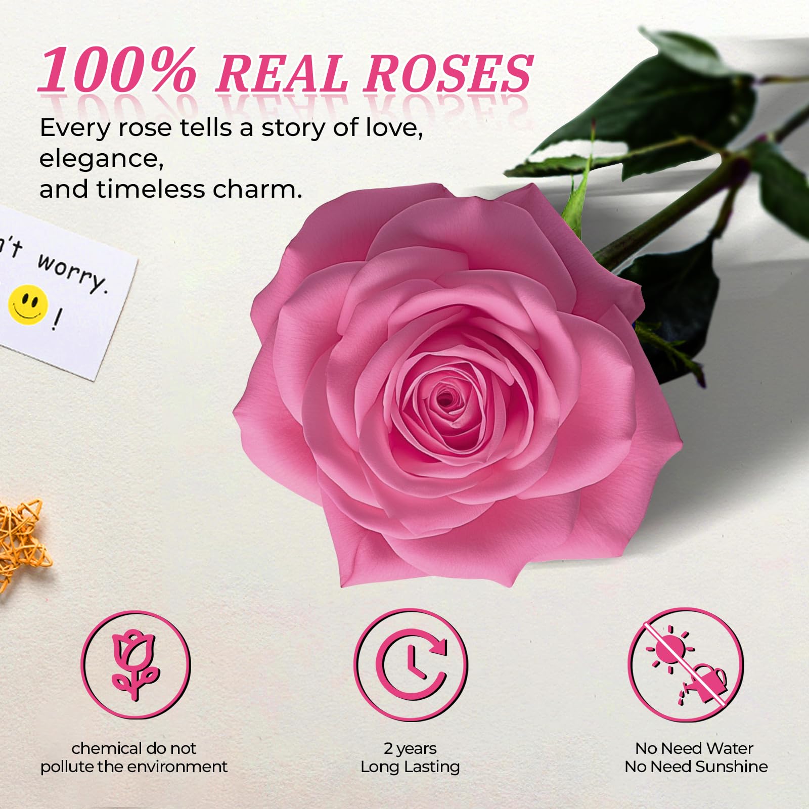 Vryblos back label and quality grade badge assuring Grade A real preserved roses