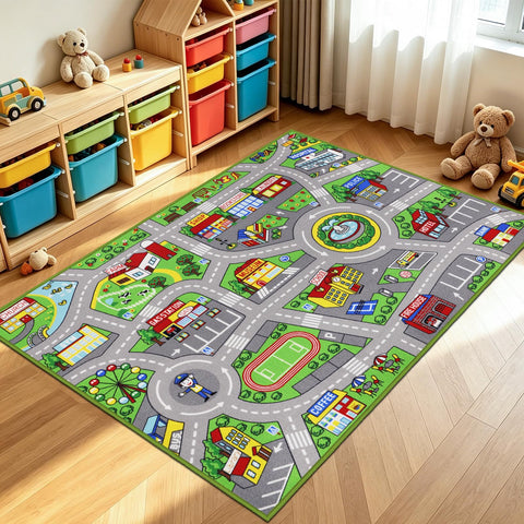 VSIWB front view of city-map rug showing colorful roads and buildings, encourages play